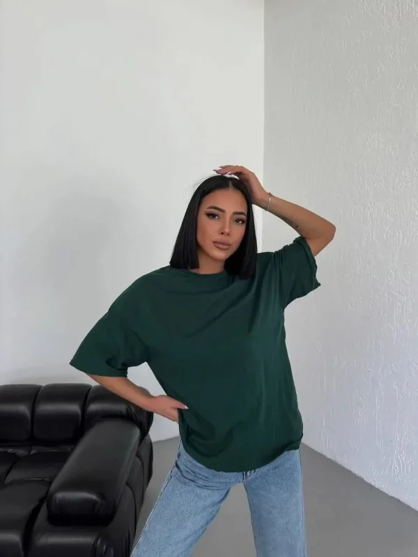 Ženska Haki Oversize Bicikli Kragna Obična Kratkih Rukava Majica 3