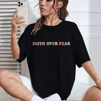 Γυναικείο Μαύρο Oversize Ποδηλατόλαιμο Τυπωμένο Μπλουζάκι 3