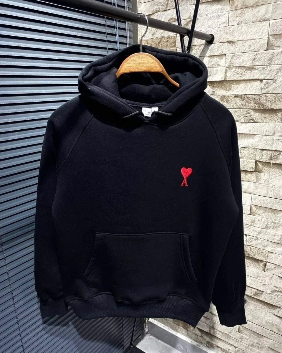 Γυναικείο Μαύρο Oversize Φούτερ με Κουκούλα, Print Καρδιάς, Βαμβακερό