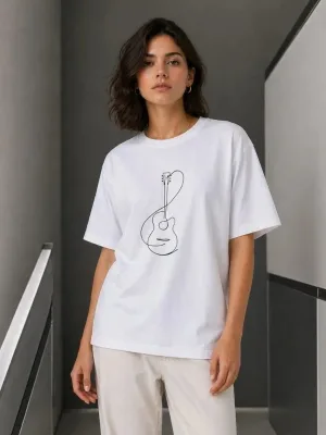 Ženska bela bicikli kragna minimal gitara print majica