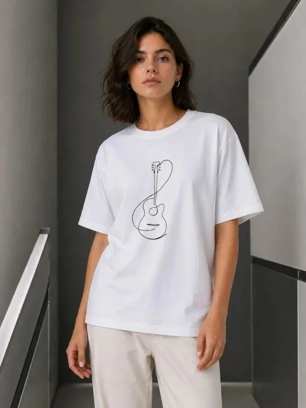 Ženska bela bicikli kragna minimal gitara print majica 1