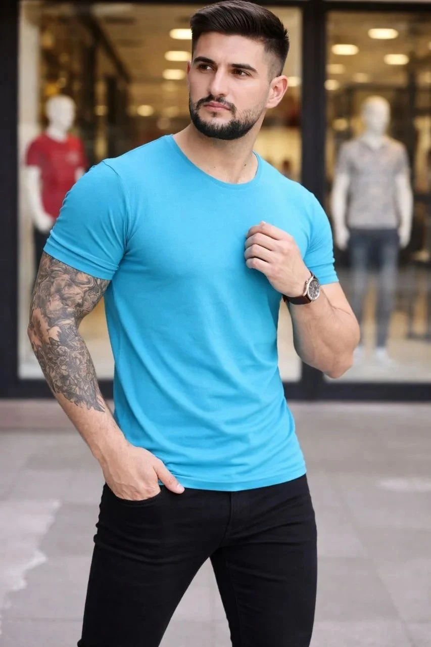 Kişi Açıq Mavi Likralı Slim Fit Velosiped Yaka Body Köynək