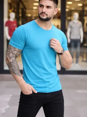 Kişi Açıq Mavi Likralı Slim Fit Velosiped Yaka Body Köynək