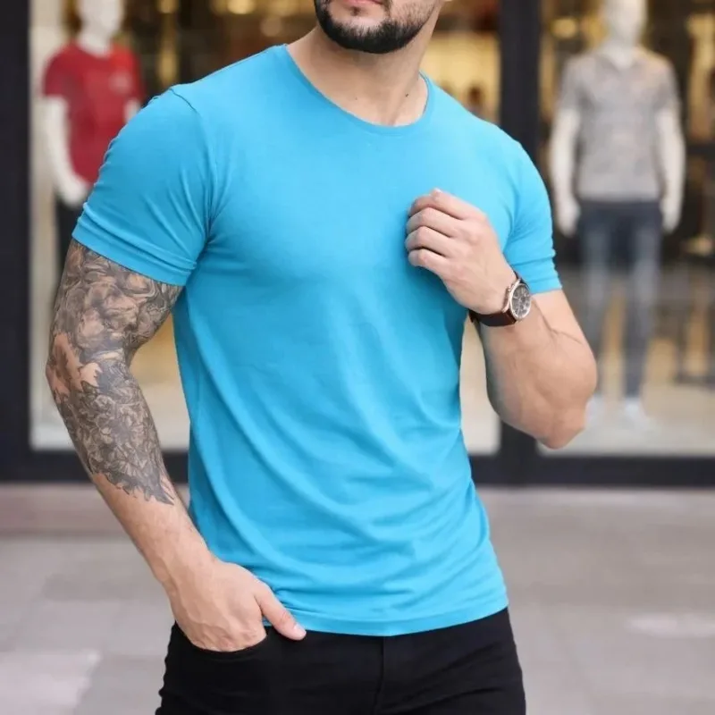 Tîşorta Mêran a Şînê Vekirî Likrayî Slim Fit Bi Stûyê Bisîkletê