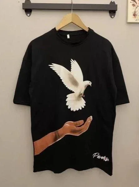 Női Fekete Kerékpár Nyakú Uzi Galamb Mintás Oversize Póló 2
