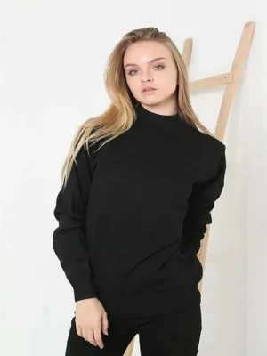Women's Black Half Turtleneck Plain Knit Sweater