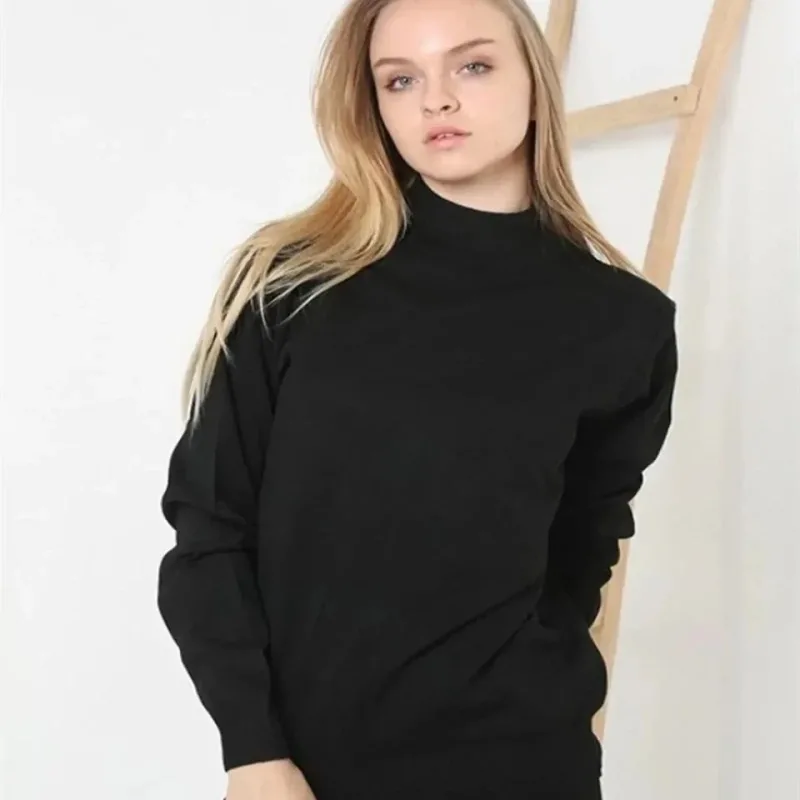 Women's Black Half Turtleneck Plain Knit Sweater