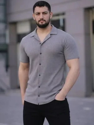 Мъжка риза, сива, regular fit, от вафлен плат, с копчета, отворена яка