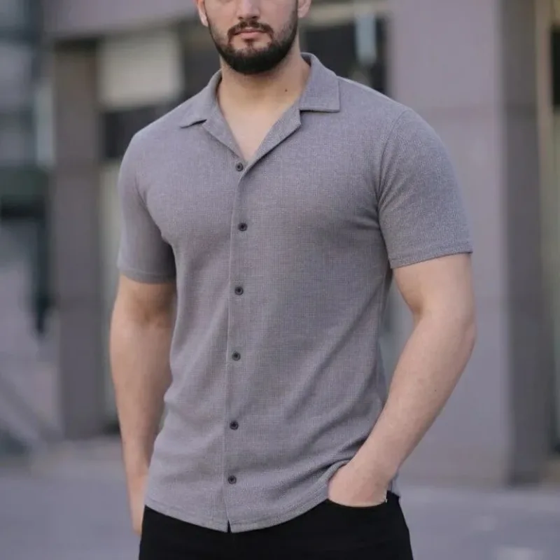 Men's Gray Regular Fit Waffle Fabric Button Open Collar Shirt