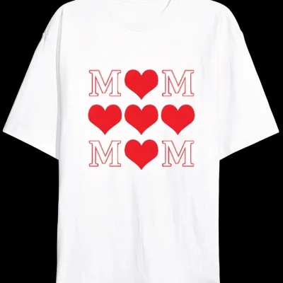 Dámske biele oversize tričko s výstrihom do V a potlačou srdca Mom 1