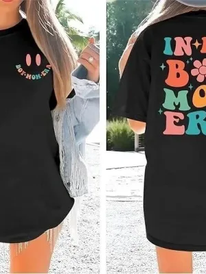 Γυναικείο Μαύρο Oversize Ποδηλατόλαιμο Τυπωμένο Μπλουζάκι