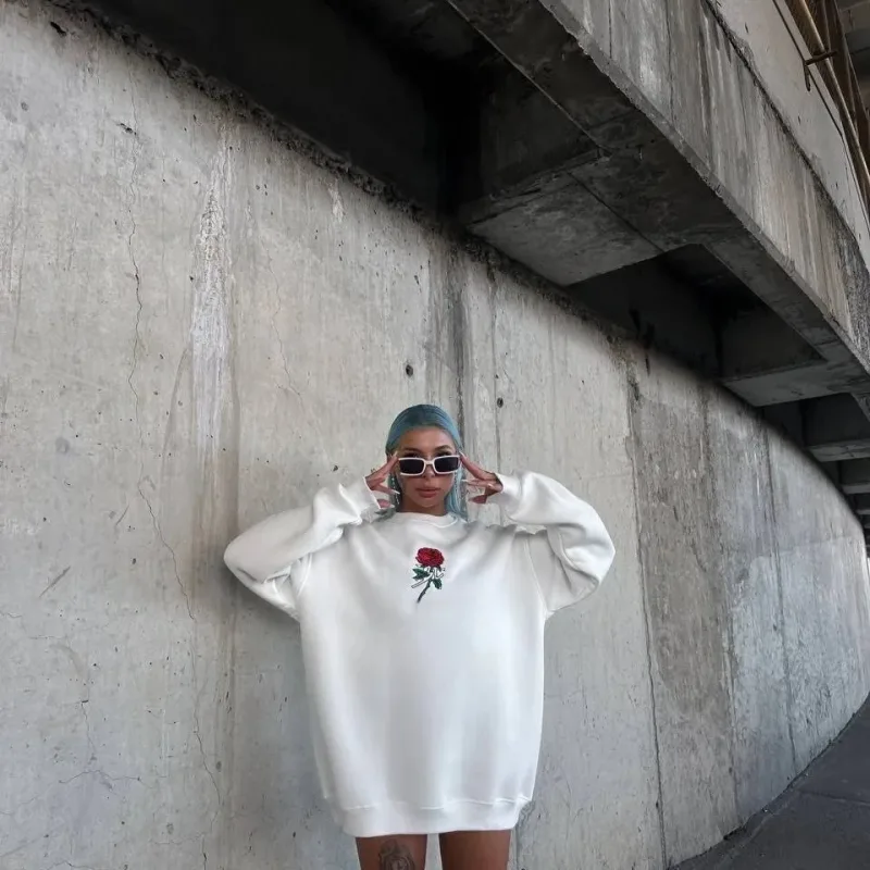 Women's White Oversize 3-Thread Cotton Crew Neck Printed Sweatshirt