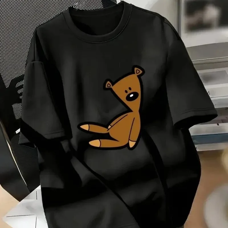 Women's Black Cycling Neck Bear Print Summer Short Sleeve T-Shirt
