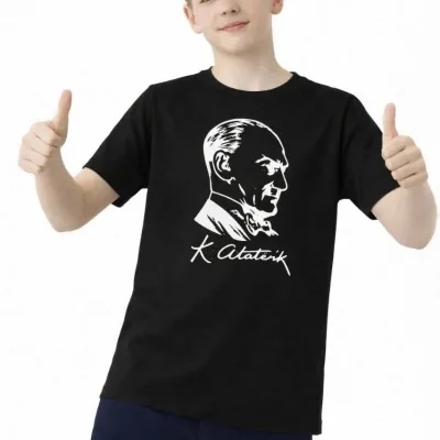Dečija Crna Ataturk Print Okrugli Izrez Majica 2