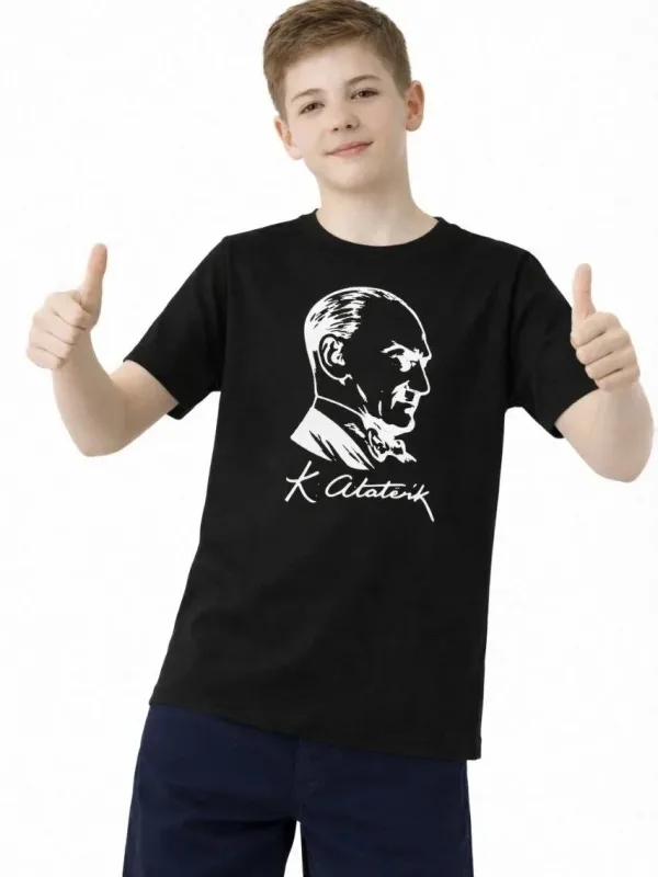 Dečija Crna Ataturk Print Okrugli Izrez Majica 2
