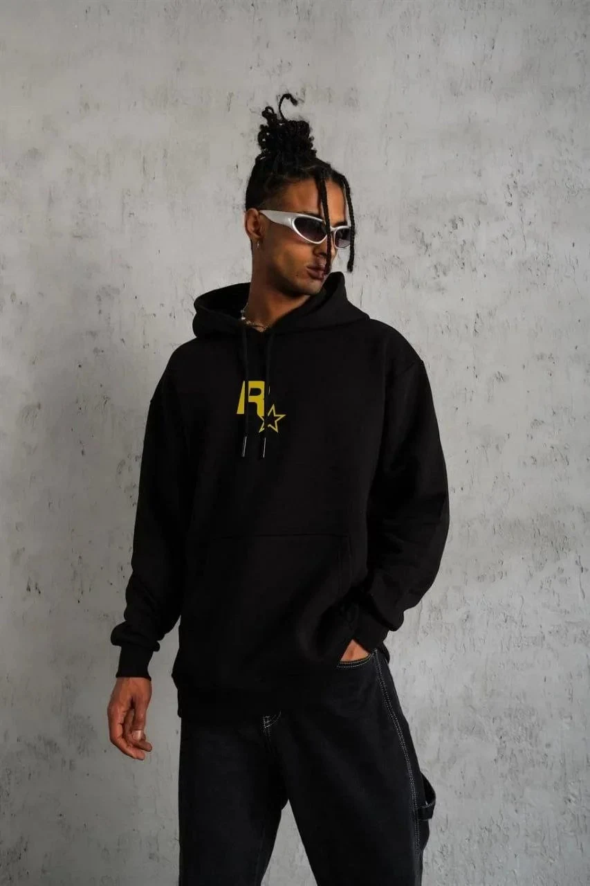 Men's Black Oversize 3-Thread Cotton Printed Hooded Sweatshirt