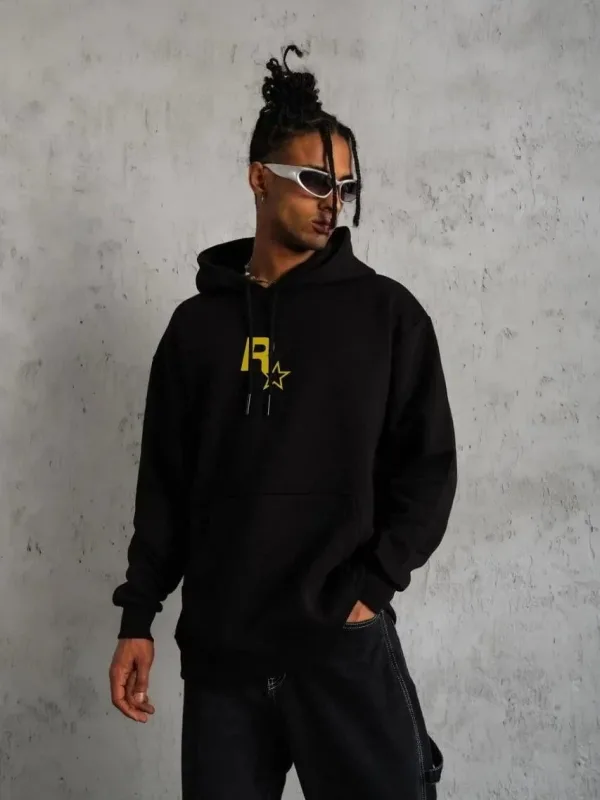 Muški crni oversize 3-nitni pamučni hoodie s printom