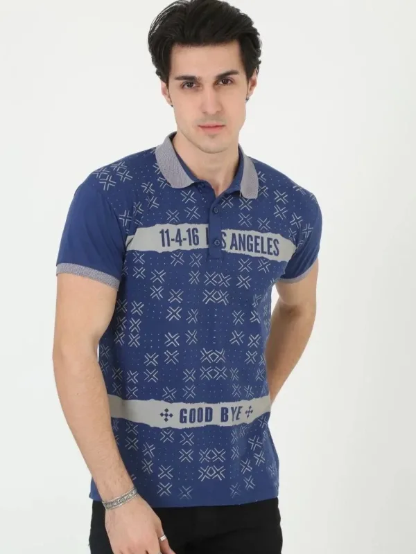 Muški plavi slim fit polo kragna print kratki rukav majica 1