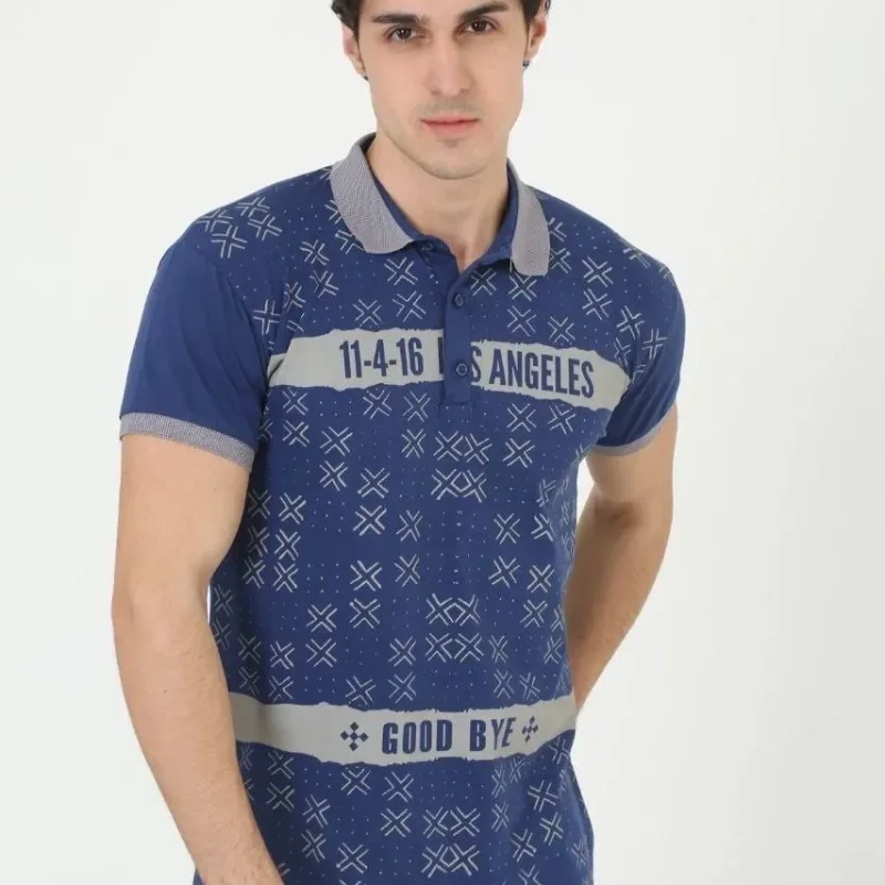 Muški plavi slim fit polo kragna print kratki rukav majica