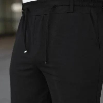 Men's Black Double Hem Pockets Elastic Drawstring Shorts 2