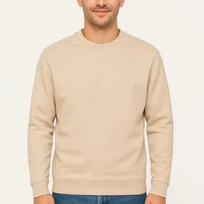 Muška bež 3 niti pamučna običan biciklistički ovratnik sweatshirt 4