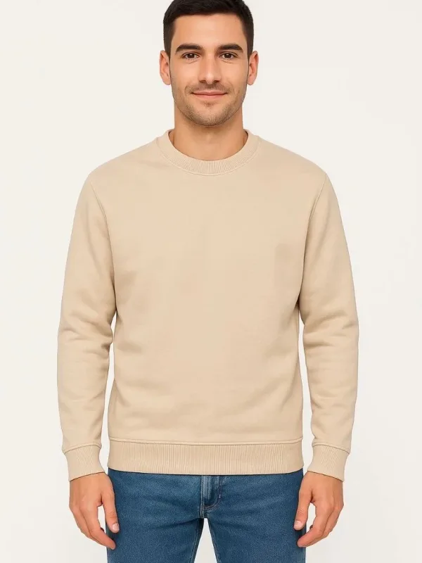 Muška bež 3 niti pamučna običan biciklistički ovratnik sweatshirt 4