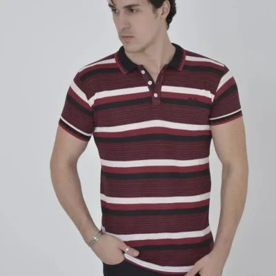 Muški bordo slim fit tkani prugasti polo ovratnik majica 2