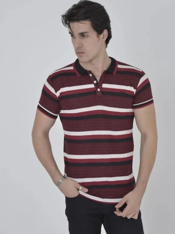 Muški bordo slim fit tkani prugasti polo ovratnik majica 2