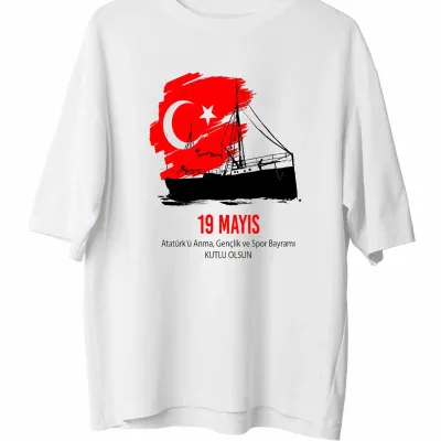 Muška bela oversize 19. maj Ataturk print majica 1