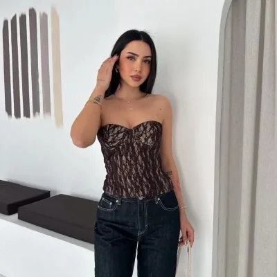 Dámský hnědý průhledný krajkový korzet, straplez crop top 5