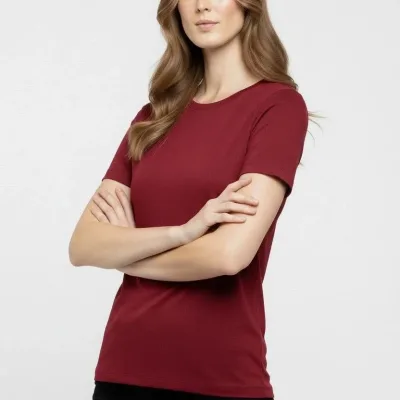 Женска бордо Slim Fit маица со велосипедско деколте од ликра 2