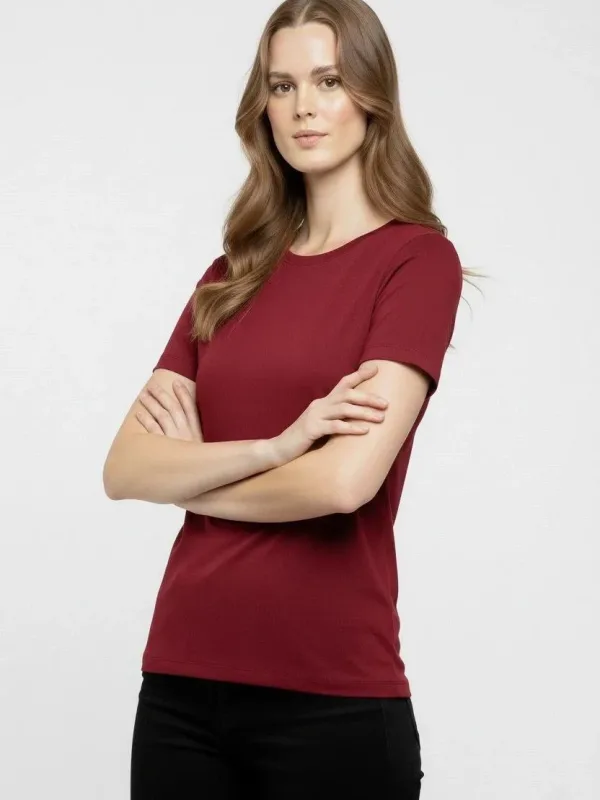 Женска бордо Slim Fit маица со велосипедско деколте од ликра 2
