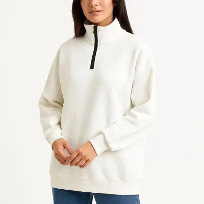 Női Fehér Félcipzáras Állógalléros 3 Szálas Pamut Sweatshirt 7