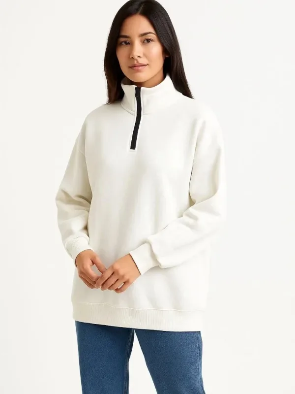 Női Fehér Félcipzáras Állógalléros 3 Szálas Pamut Sweatshirt 7