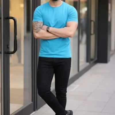 Kişi Açıq Mavi Likralı Slim Fit Velosiped Yaka Body Köynək 3