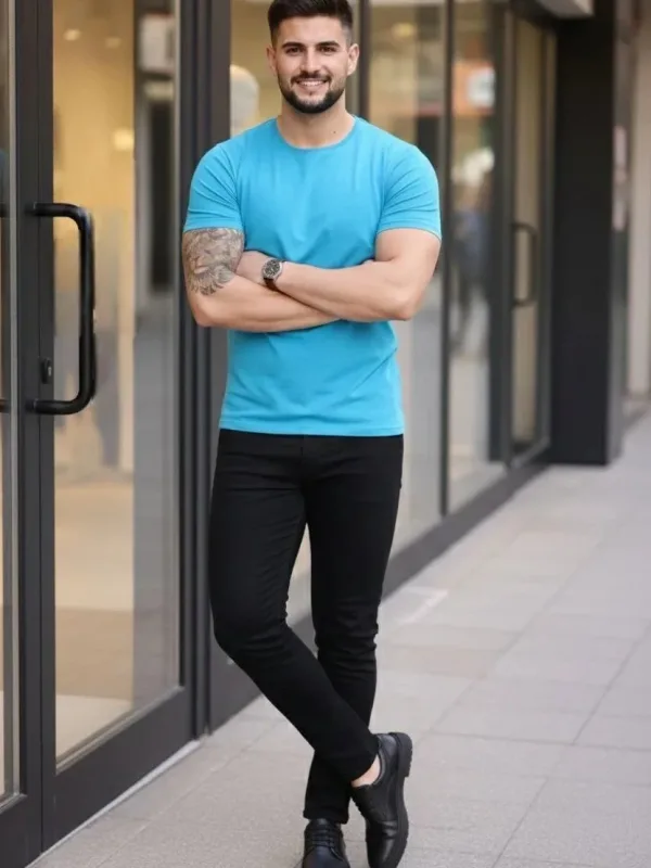 Kişi Açıq Mavi Likralı Slim Fit Velosiped Yaka Body Köynək 3