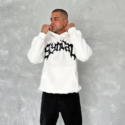 Férfi fehér oversize 3 szálas pamut kapucnis nyomott sweatshirt 1