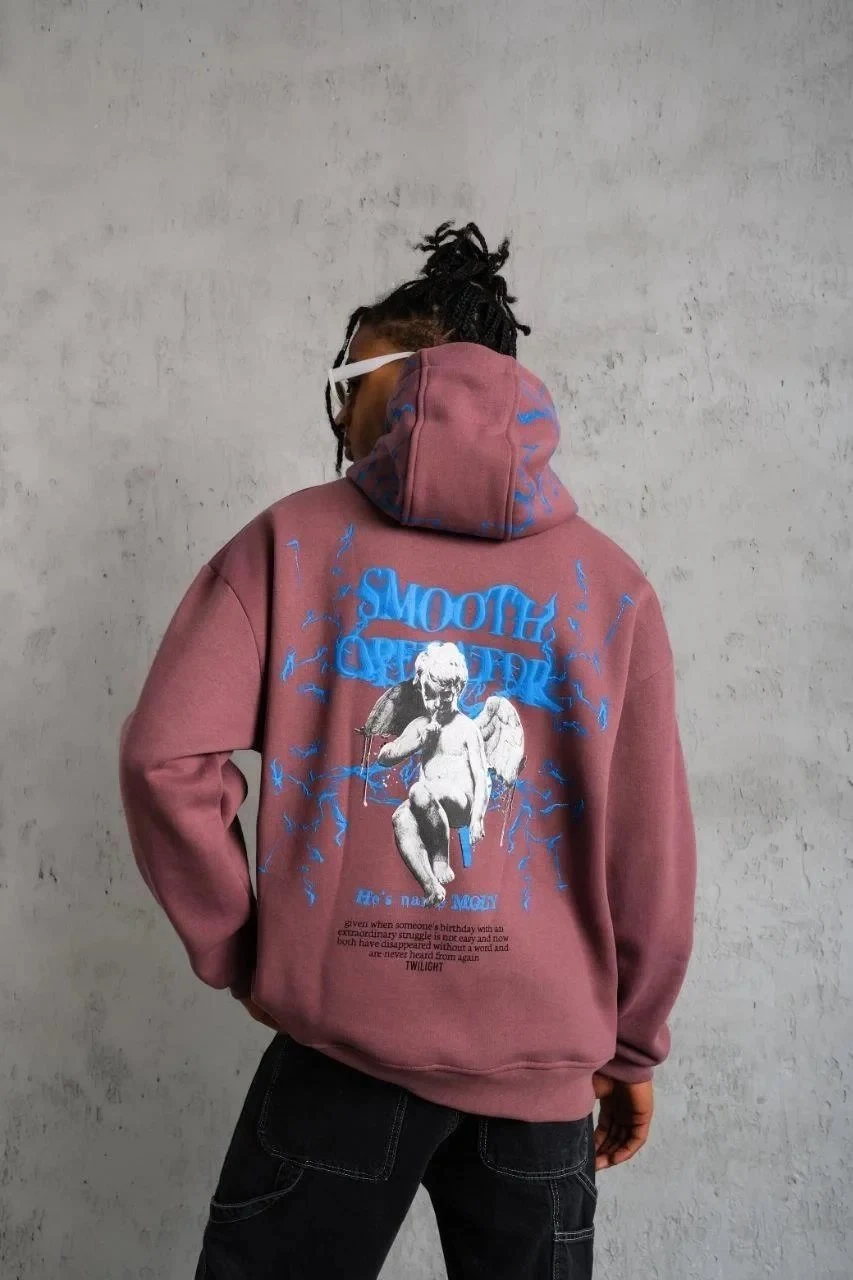 Muški ružičasti 3-niti pamučni s kapuljačom tiskani s džepom sweatshirt