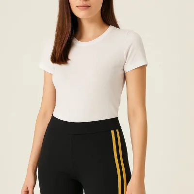 Women's Black Side Yellow Striped Spandex Sports Tights 2