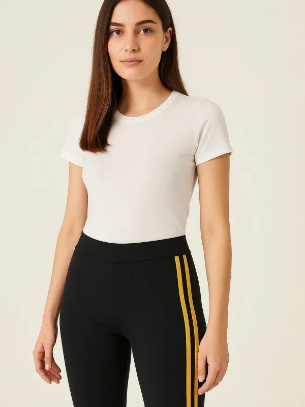 Women's Black Side Yellow Striped Spandex Sports Tights 2
