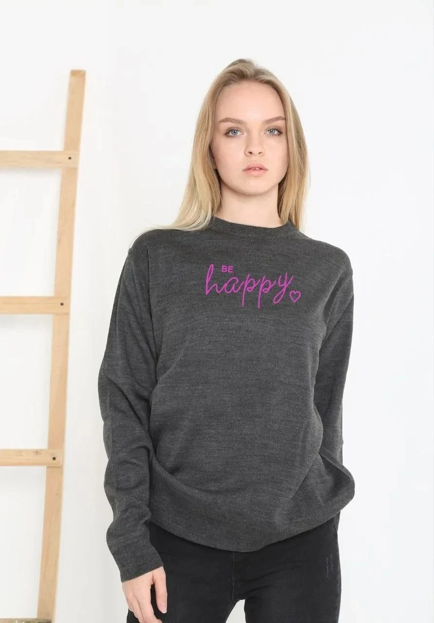 Women's Smoked Bicycle Neck Printed Woven Knit Sweater