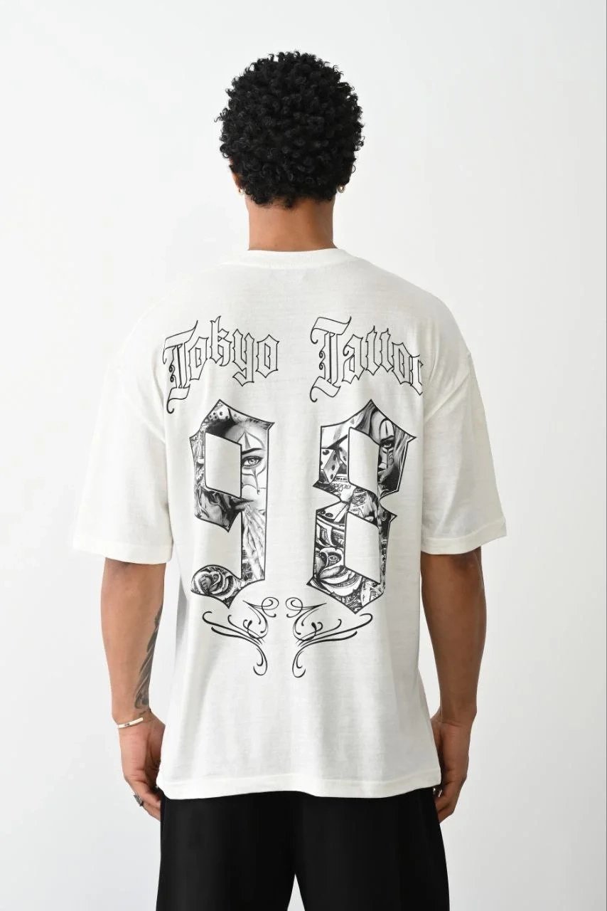 Ανδρικό Λευκό Oversize Ποδηλατόλαιμο Τυπωμένο T-shirt