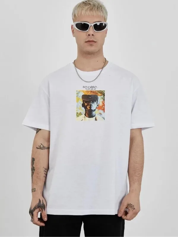 Férfi Fehér Oversize Kerékpárnyomott Nyomott Nyári Póló 1