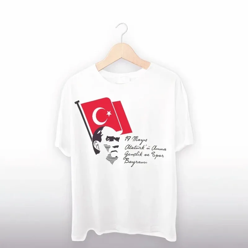 Kişi Ağ Oversize 19 May Baskılı Atatürk Gənclik Köynəyi