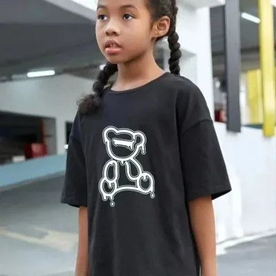 Cocuk Siyah Oversize Baskili Yuvarlak Yaka T-Shirt 1