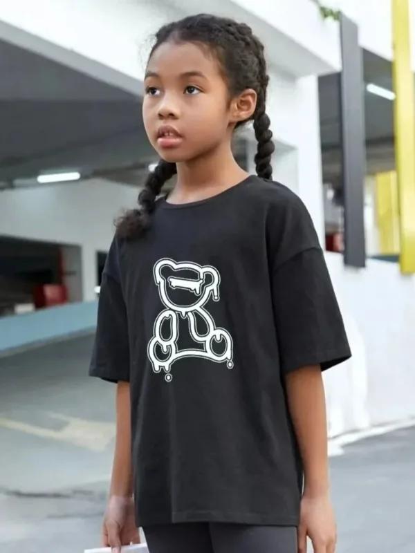 Cocuk Siyah Oversize Baskili Yuvarlak Yaka T-Shirt 1