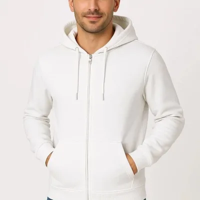 Muška bijela 3 niti pamučna puni patentni zatvarač kapuljača džep sweatshirt 5