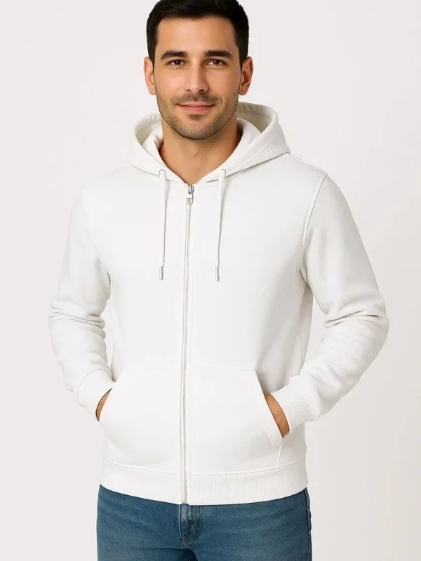 Muška bijela 3 niti pamučna puni patentni zatvarač kapuljača džep sweatshirt 5