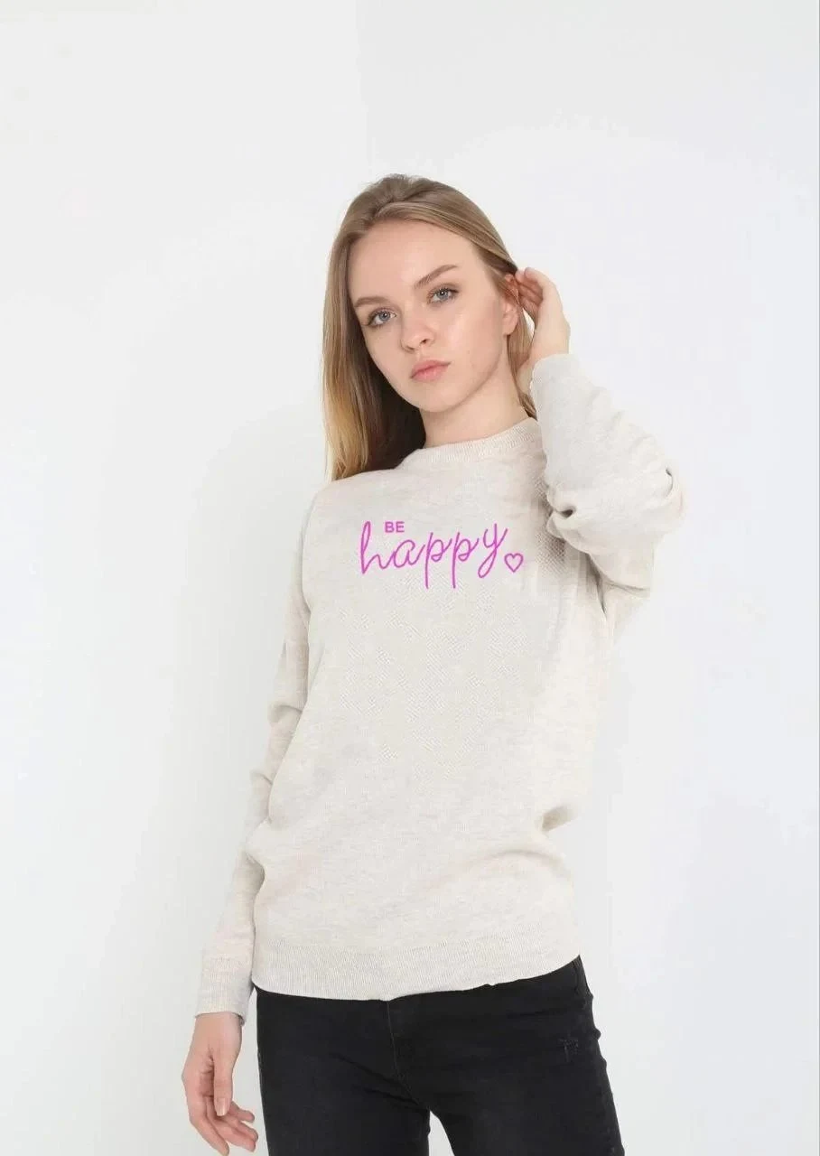 Women's Beige Bicycle Neck Printed Woven Knit Sweater