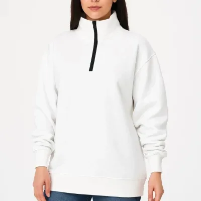 Női Fehér Félcipzáras Állógalléros 3 Szálas Pamut Sweatshirt 3